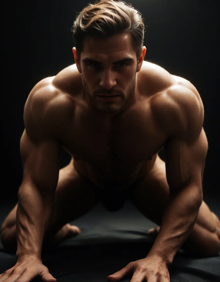 highly detailed, natural lighting, male focus, muscular, official alternate costume, on all fours, black background, golden hour, lifelike render, score_9, score_8, candid photo, realistic skin texture, visible skin pores, film grain, depth of field