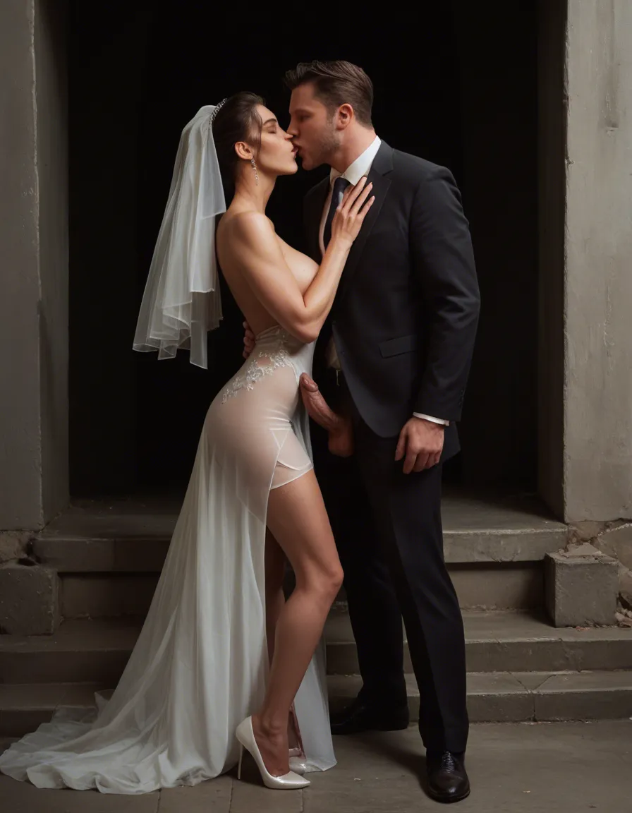 a bride is wearing a sheer, very short dress. groom is standing next to her with a suit. bride is on her knees. she is sucking a naked guy's cock., score_9, score_8, candid photo, realistic skin texture, visible skin pores, film grain, depth of field