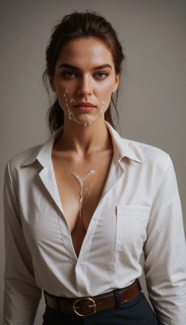 professional photo, high detail, fitness model, collarbone, belt, cum on face, gradient background, cinematic realism