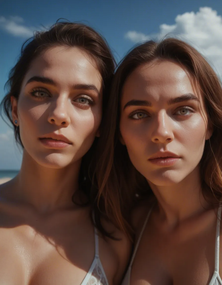 ultra HD, lifelike, 2women, curvy figure, jewelry, bondage, blue sky, POV, photorealistic, score_9, score_8, candid photo, realistic skin texture, visible skin pores, film grain, depth of field