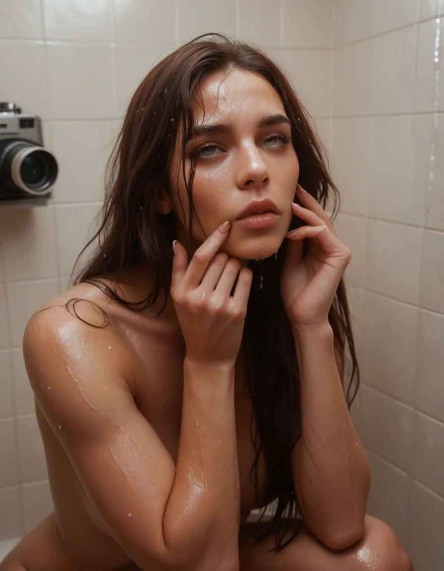 ultra HD, life like, college woman 22 sitting on knees in her dorm sucking her fingers. Wet hair as if just out of shower, looking up at camera, brunette, Scandinavian origin, beautiful, score_9, score_8, candid photo, realistic skin texture, visible skin pores, film grain, depth of field