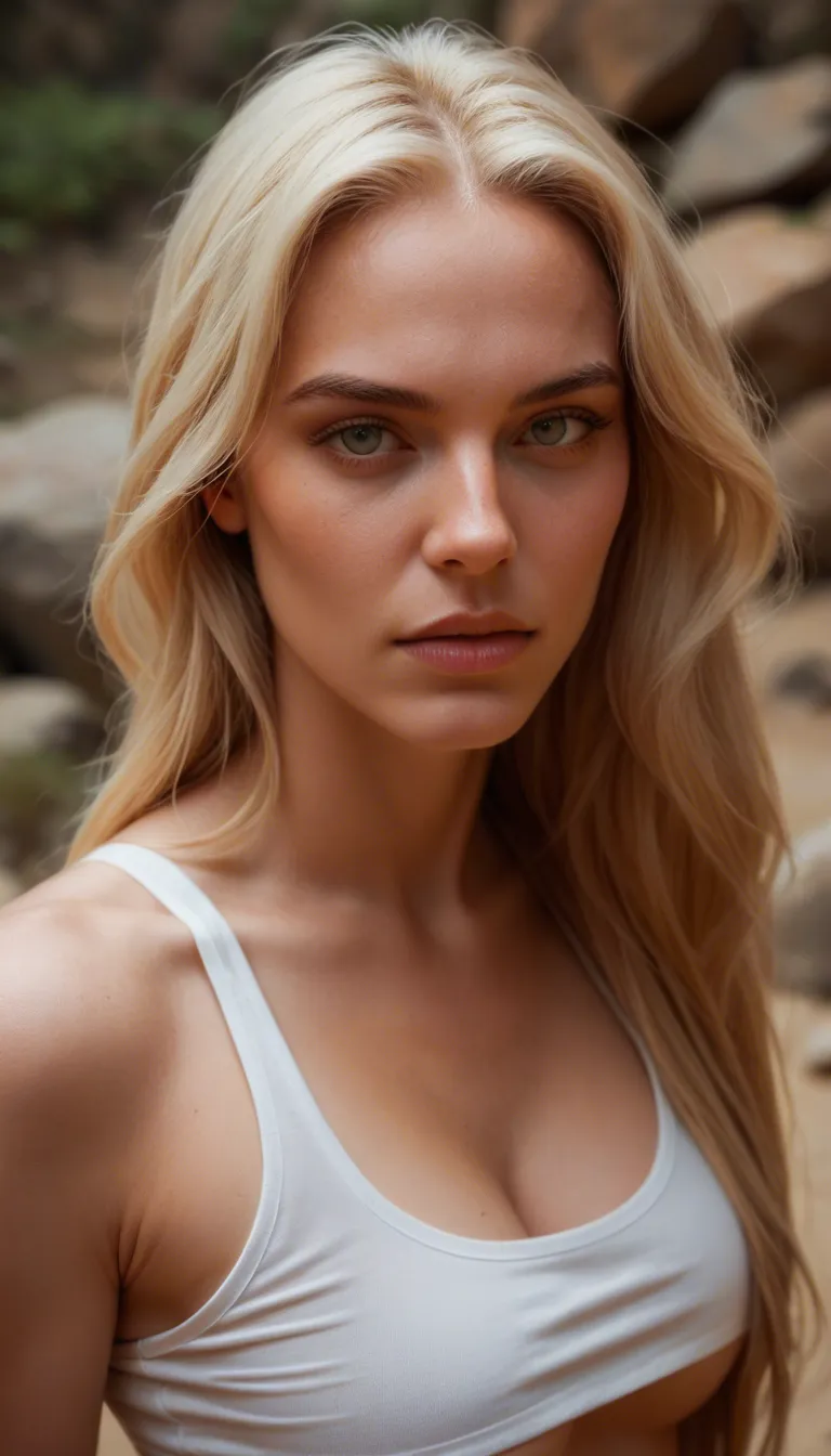 Beautiful blonde has a very slim figure and a slight build, her tits are very large and fake looking, they're bolted on very pert and rock hard fake tits like tennis balls with upturned pointy puffy nipples.
She has her arms behind her back to show off her big tennis ball tits.