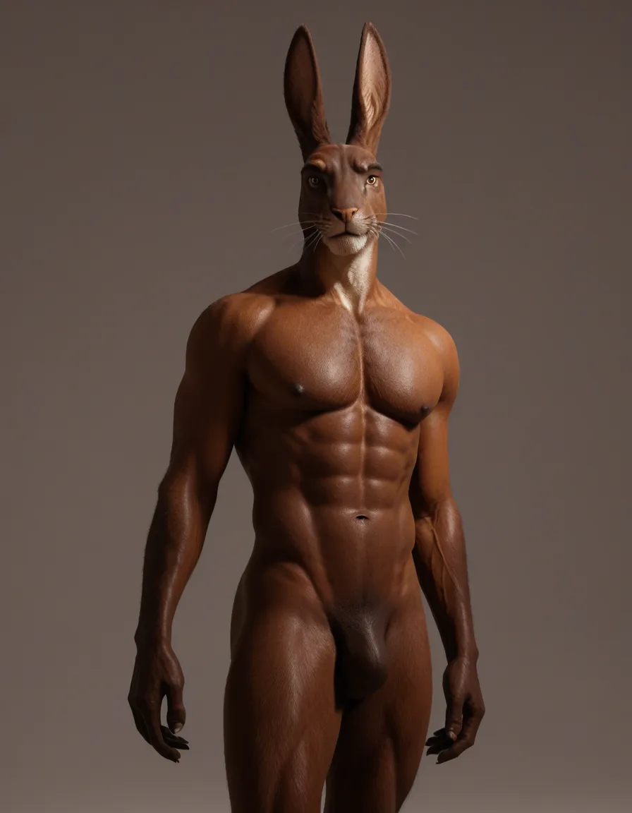 Adult male anthropomorphic bunny, dark-brown fur, brown eyes, completely nude. Standing in a burlesque club in a flirtatious pose. The name "Alessandro" is clearly visible in the image., score_9, score_8, 3d render, octane render, subsurface scattering, ray tracing, smooth shading