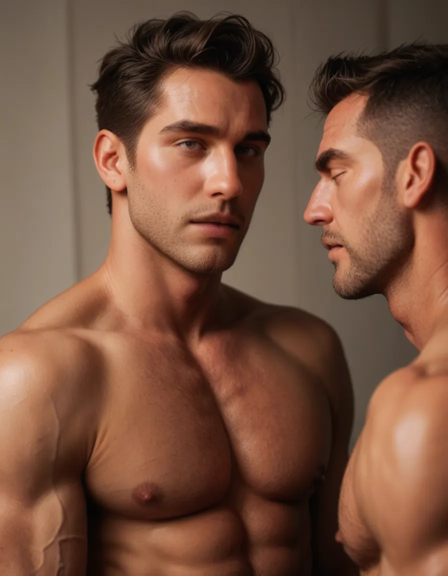 gay male threesome, score_9, score_8, candid photo, realistic skin texture, visible skin pores, film grain, depth of field