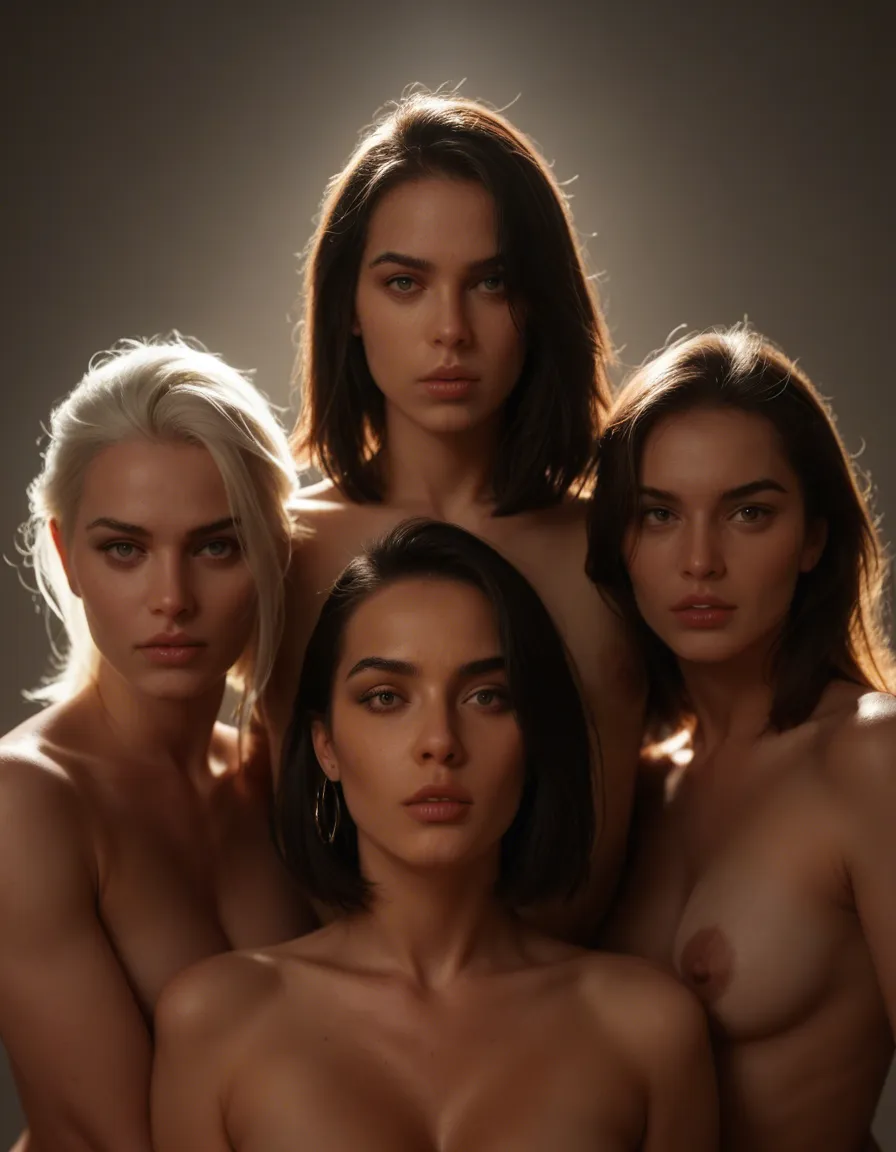 ultra HD, lifelike, 5women, medium hair, flower, presenting, dramatic lighting, studio photo, score_9, score_8, candid photo, realistic skin texture, visible skin pores, film grain, depth of field