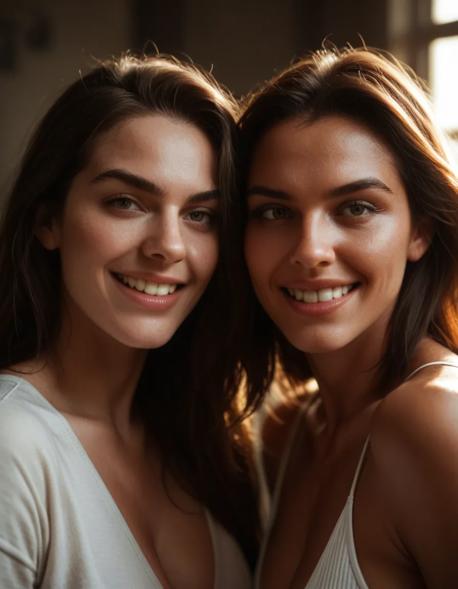highly detailed, natural lighting, 2women, presenting, toned body, teasing grin, 8k uhd photo, score_9, score_8, candid photo, realistic skin texture, visible skin pores, film grain, depth of field
