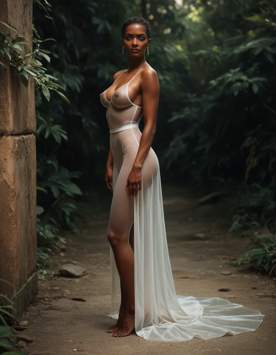 dark_skin large_breasts see-through_clothes wedding_dress full_body from_side outdoors sunlight nipples, score_9, score_8, candid photo, realistic skin texture, visible skin pores, film grain, depth of field