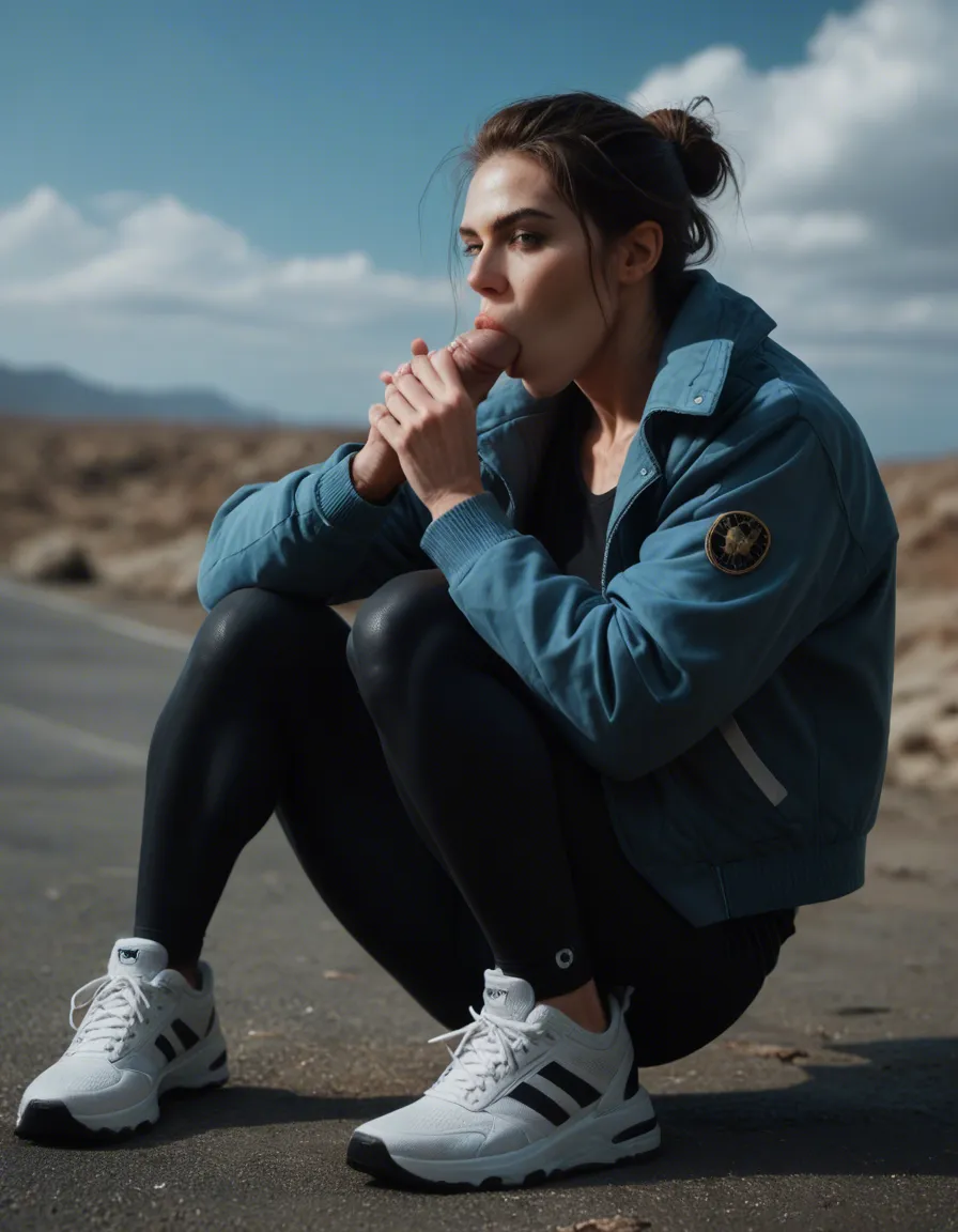 best quality, hyperrealistic, fitness model, white footwear, jacket, blowjob, blue sky, RAW photo, score_9, score_8, candid photo, realistic skin texture, visible skin pores, film grain, depth of field