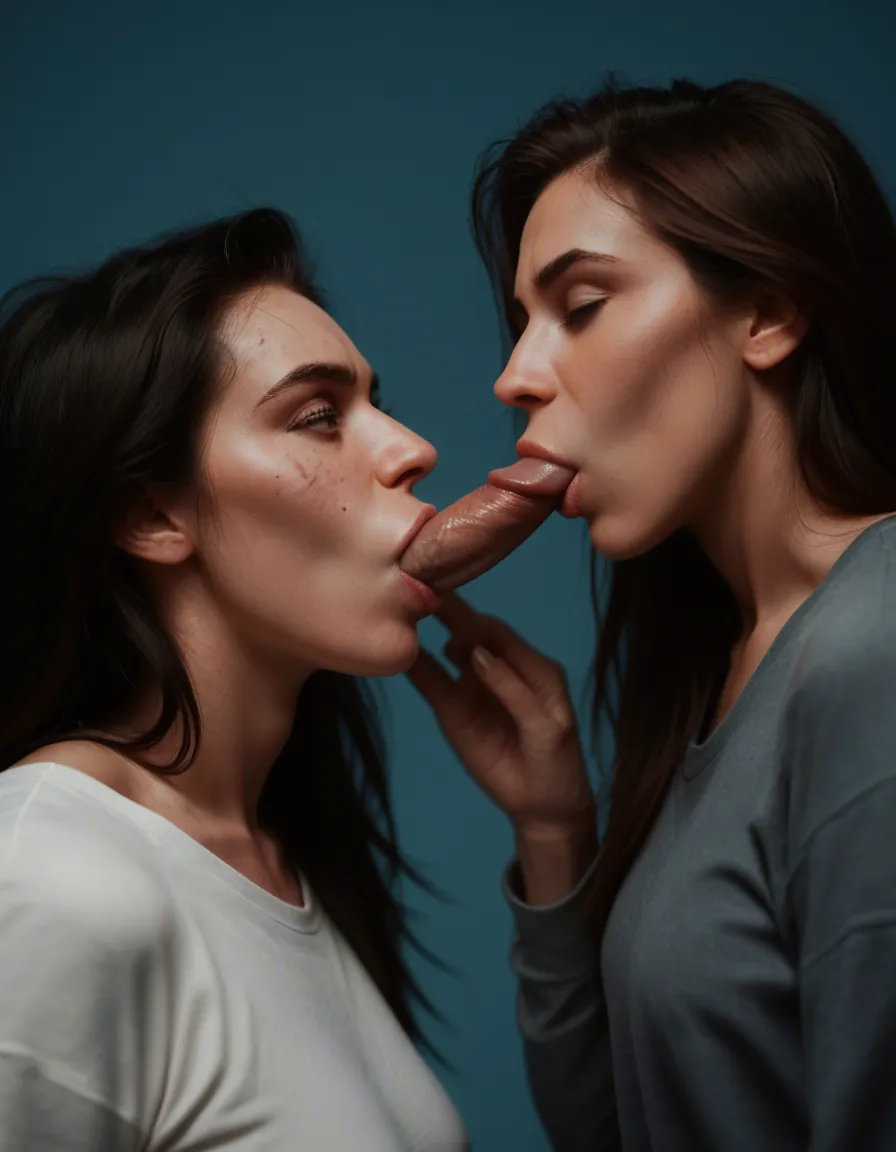 studio quality, sharp focus, 2women, scar, long sleeves, blowjob, blue background, dutch angle, rim light, film photography, score_9, score_8, candid photo, realistic skin texture, visible skin pores, film grain, depth of field