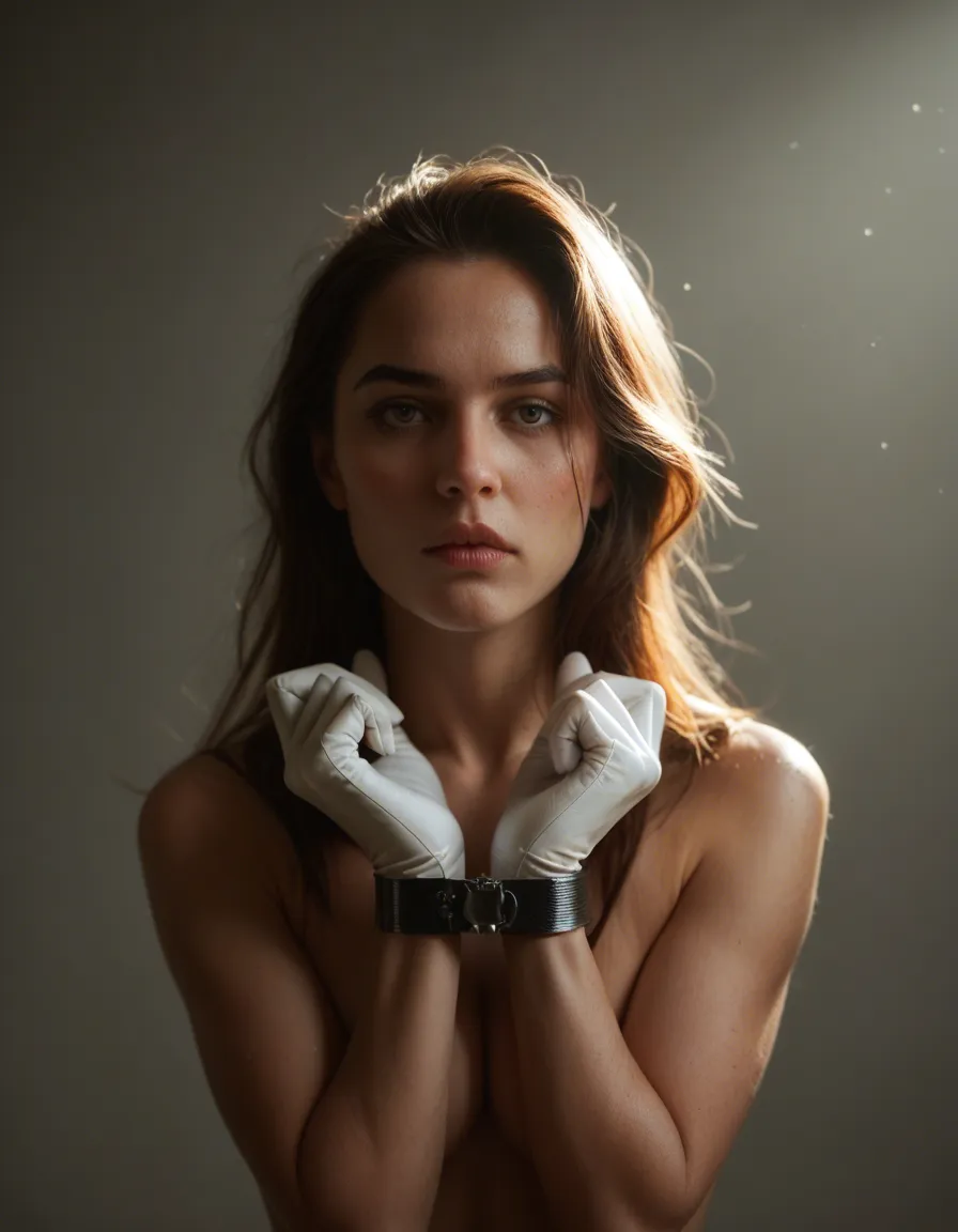 highly detailed, natural lighting, solo female, white gloves, bondage, dslr quality, score_9, score_8, candid photo, realistic skin texture, visible skin pores, film grain, depth of field