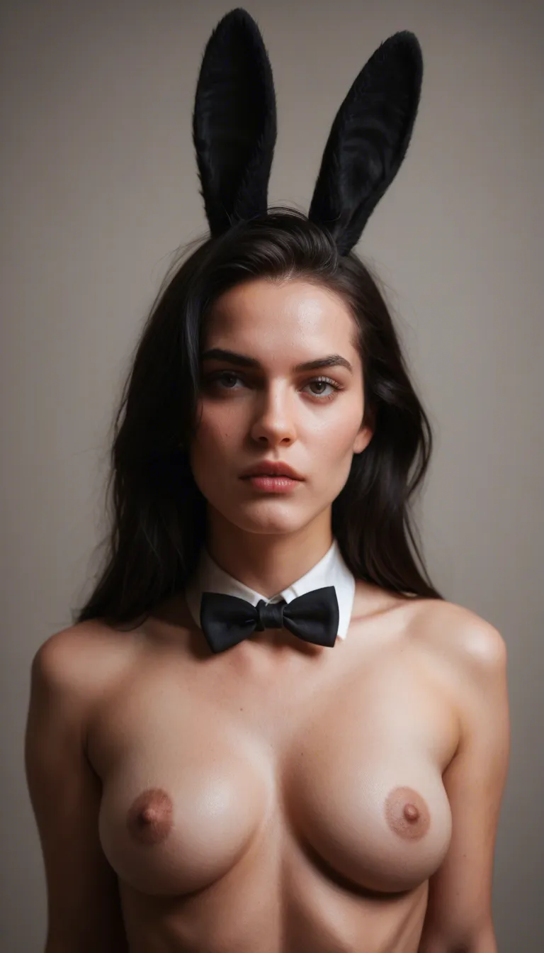 ultra HD, lifelike, bunny girl, black hair, bowtie, topless, hyperrealistic