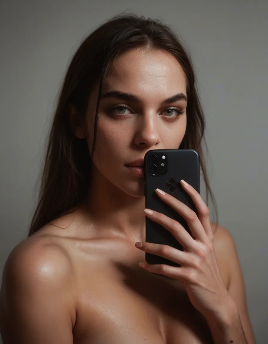 Fake round silicone tits, score_9, score_8, amateur photo, phone snapshot, realistic skin texture, skin blemishes, soft indoor lighting