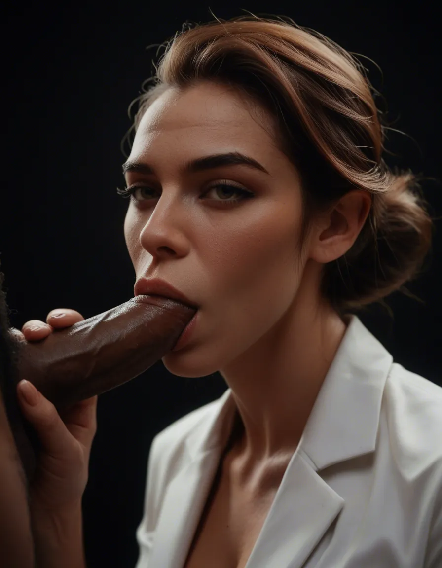 professional photo, high detail, cowboy shot, solo focus, blowjob, petite adult woman, black background, smoldering look, 8k uhd photo, score_9, score_8, candid photo, realistic skin texture, visible skin pores, film grain, depth of field