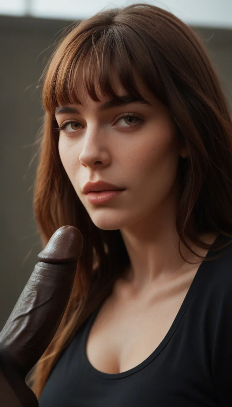 inter racial blow job, realistic, long straight brown hair with fringe