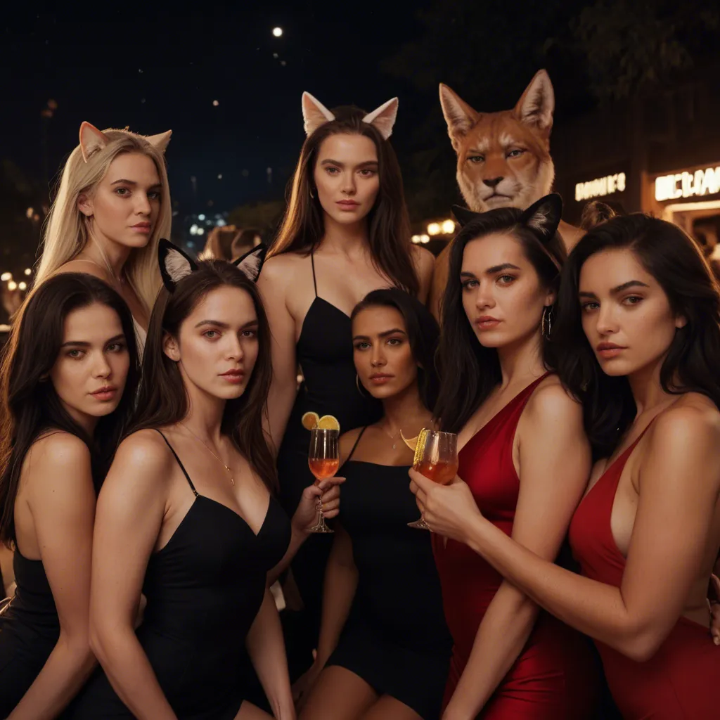 dslr, film grain, photorealistic, 6+women, animal ears, cocktail dress, paizuri, night, RAW photo