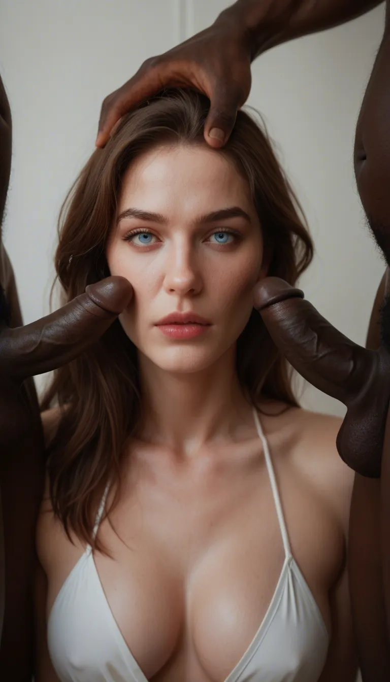 interracial threesome,
a 45 year old plain looking Scottish amateur submissive housewife with very pale white skin, blue eyes, no makeup, brunette hair pulled back tightly into a high curly ponytail, long strands of straightened hair frame both sides of her face, thicc bbw natural slightly chubby milf body, large heavy natural saggy breasts with large nipples and areolas sagging down under their own weight, wearing stockings. The woman's body is viewed from above as she lays on her side and is double penetrated by two men, she looks directly up at the camera so we have good visibility of her face.
Laying behind the woman is a 40 year old white male, he holds his large white erect penis in his hand as he inserts it into the woman's anus.
Laying in front of the woman on his side is a muscular 40 year old naked black man with short shaved hair, inserting his large black erect penis into the woman's vagina.