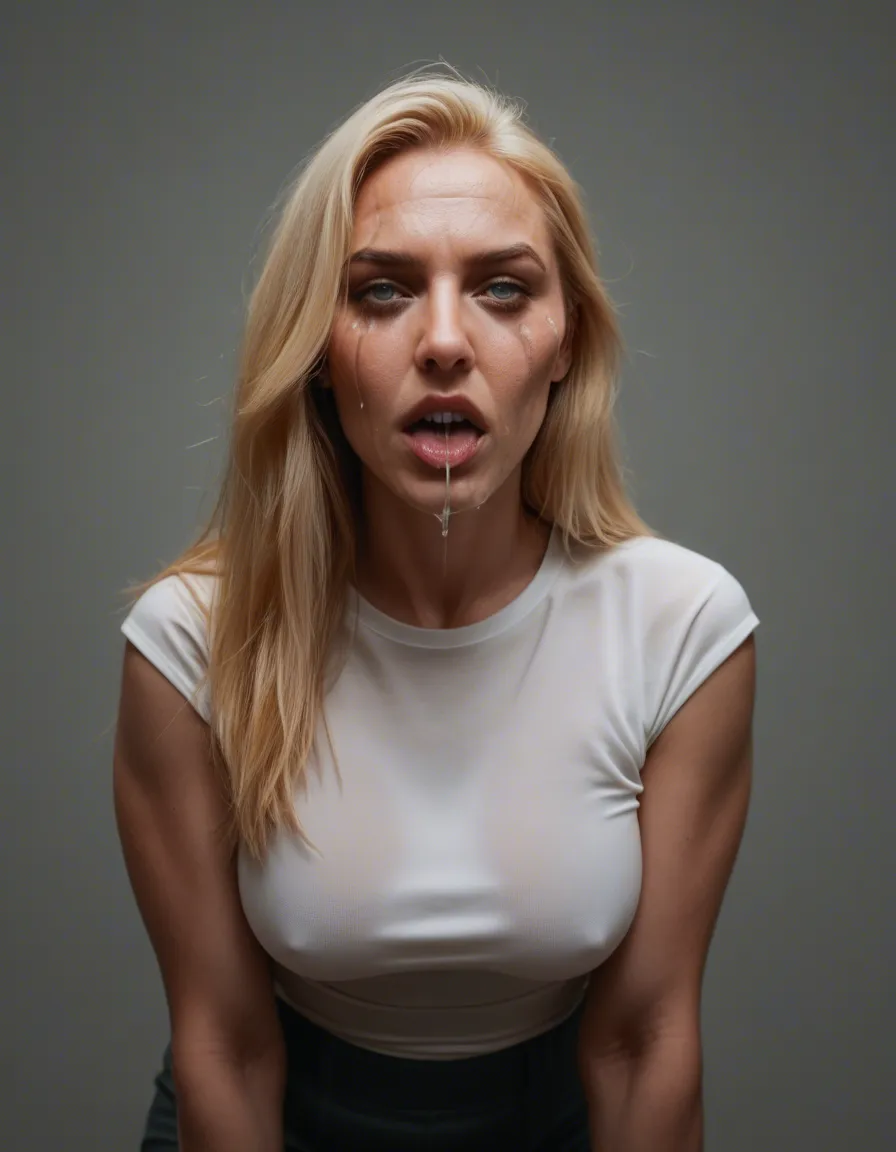 blonde_hair milf grey_skirt white_shirt long_hair skin_tight anal dig crying saliva_trail cum_on_clothes, score_9, score_8, candid photo, realistic skin texture, visible skin pores, film grain, depth of field
