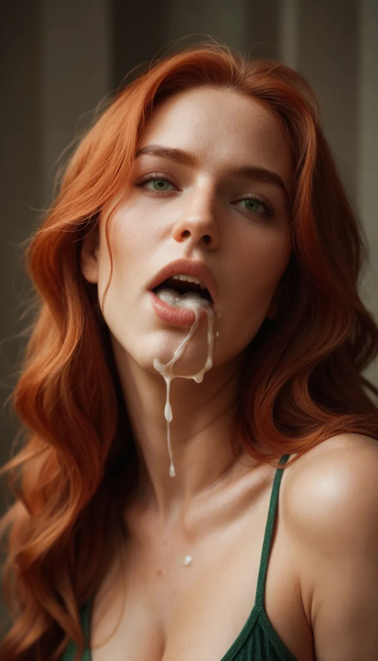 beautiful redhead woman, green_eyes , long_hair , wavy_hair , cum_in_mouth , open_mouth, mouthful of cum, cum on chin, she closes her mouth, she gulps and then she smiles