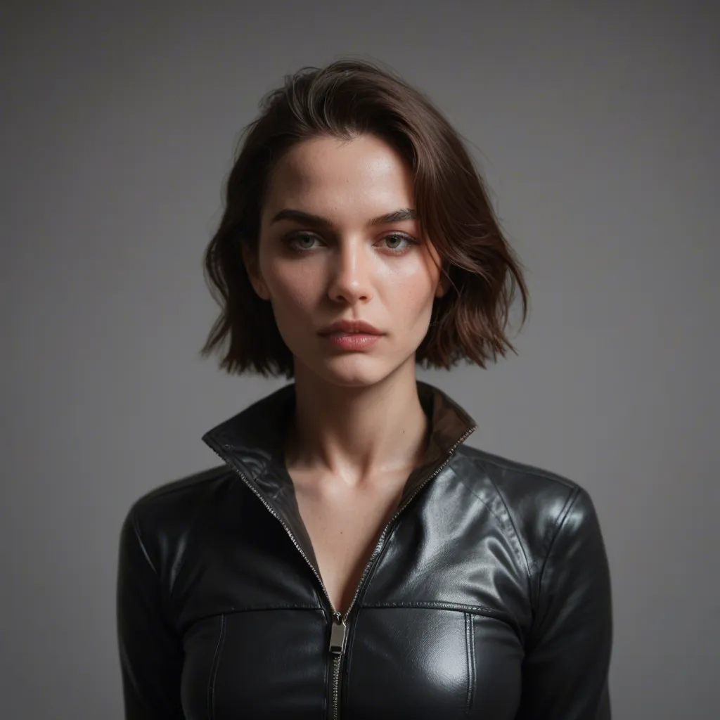 A beautiful mature female in her early 40s, wearing a full black leather bodysuit unzipped all the way down to her crotch. She has short brown hair with one thin grey streak, a toned physique, smaller floppy natural breasts, thick nipples, and trimmed pubic hair. She is lying on her back on the edge of a high rooftop with a view of a city skyline. (She is masturbating and fingering herself vigorously, writhing, and having an intense orgasm). It is the middle of the day, the sun is hot, and she is sweating. Ultrarealistic, sharp focus, detailed skin.