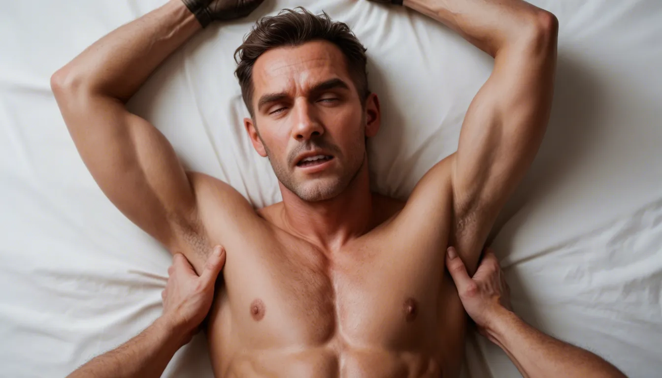 Fully detailed hand sheet nylon gloves tickling the armpits of a naked man attached., score_9, score_8, candid photo, realistic skin texture, visible skin pores, film grain, depth of field