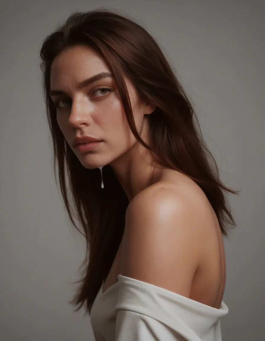 dslr, film grain, photorealistic, side view, solo focus, creampie, bare shoulders, cinematic realism, score_9, score_8, candid photo, realistic skin texture, visible skin pores, film grain, depth of field