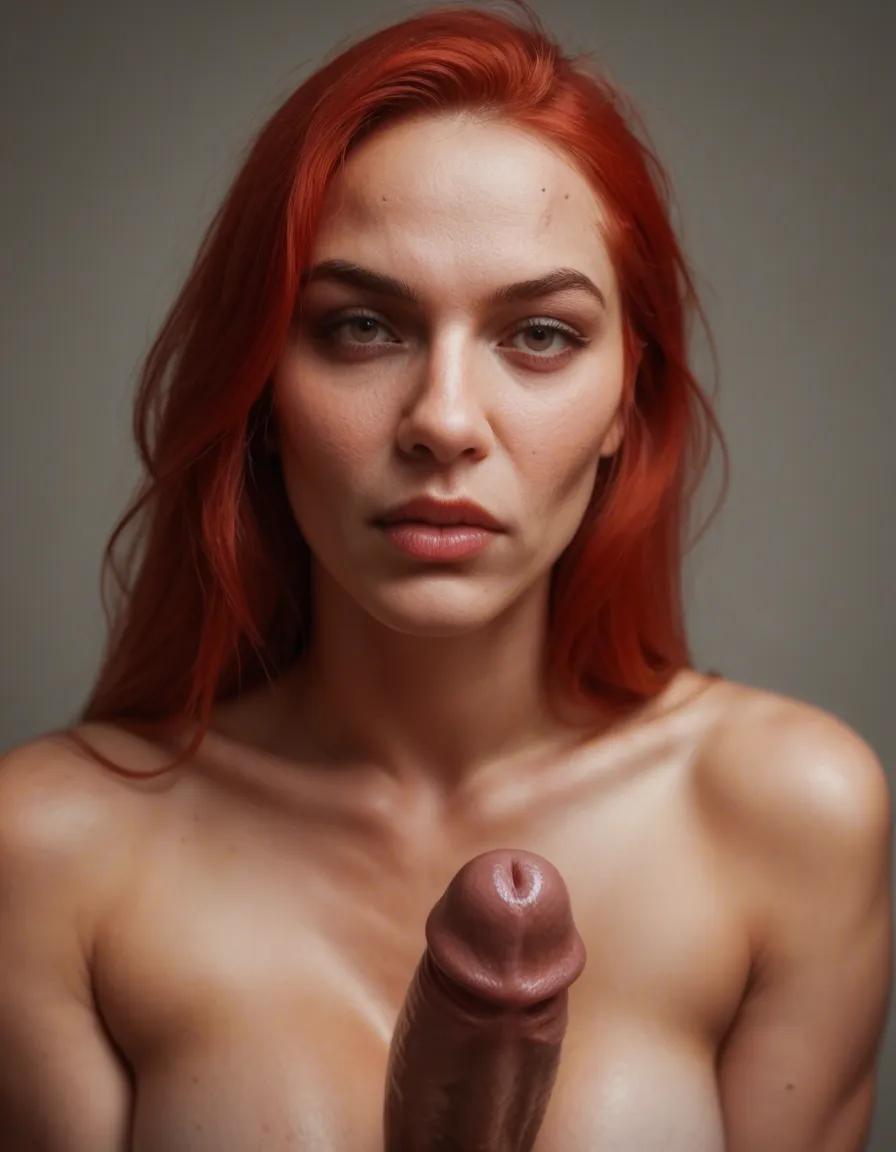 Busty red haired 50 year old woman squeezing testicles, score_9, score_8, candid photo, realistic skin texture, visible skin pores, film grain, depth of field