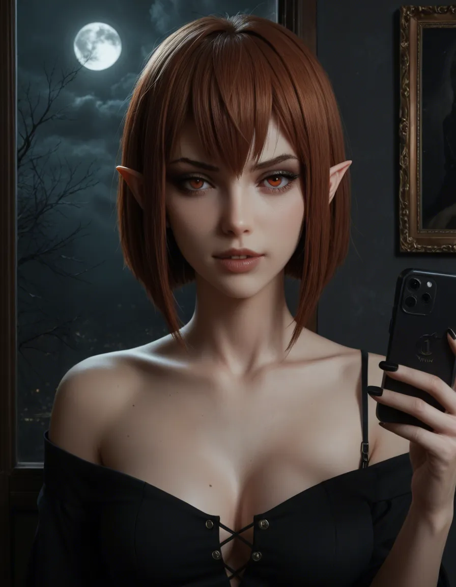 @makise_kurisu, smug, goth, #1woman, parted_lips, full_moon, short_hair_with_long_locks, picture_frame, simple_background, elf, holding_phone, electricity, bdsm, single_bare_shoulder, #6+boys, trigger_discipline, black_dress, covered_navel, short_hair, pink_lips, nervous, score_9, score_8, candid photo, realistic skin texture, visible skin pores, film grain, depth of field