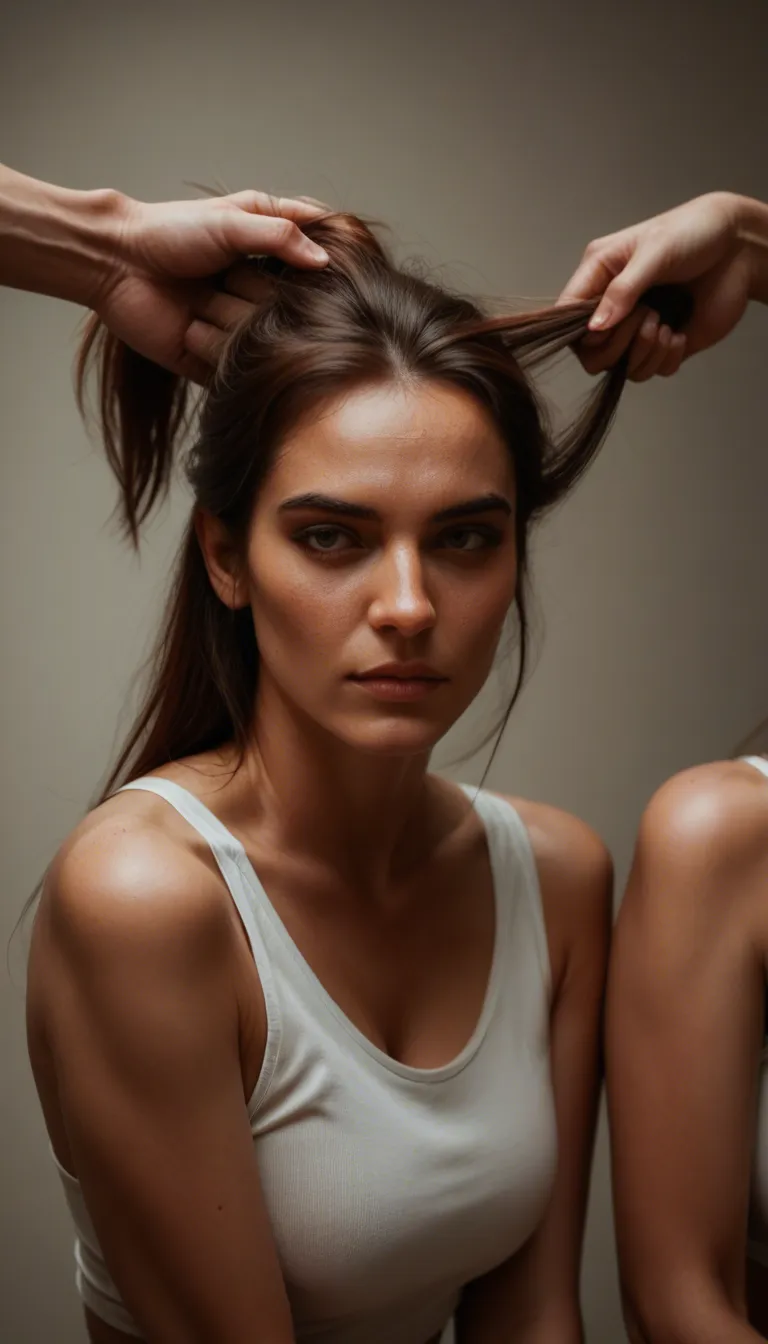 dslr, film grain, photorealistic, three-quarter view, 3women, hair pull, bare arms, smoldering look