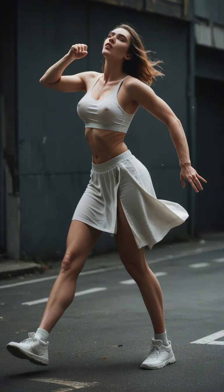 ultra HD, lifelike, over the shoulder, 1boy, bouncing breasts, white footwear, day, RAW photo