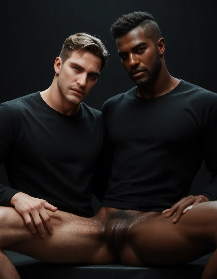 sharp focus, 8k uhd, 2boys, dark skin, long sleeves, spread legs, black background, volumetric light, hyperrealistic, score_9, score_8, candid photo, realistic skin texture, visible skin pores, film grain, depth of field
