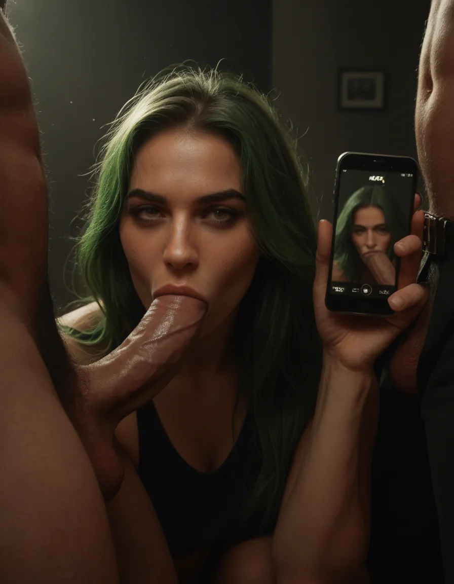 cinematic photo, 8k, 2boys, green hair, alternate costume, blowjob, film photography, score_9, score_8, amateur photo, phone snapshot, realistic skin texture, skin blemishes, soft indoor lighting