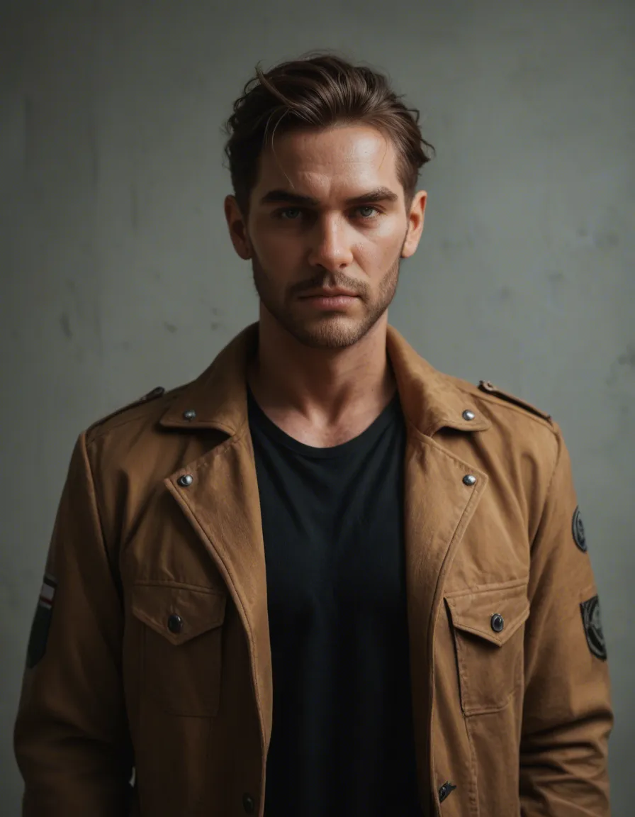 studio quality, sharp focus, male focus, brown hair, jacket, futanari, RAW photo, score_9, score_8, candid photo, realistic skin texture, visible skin pores, film grain, depth of field