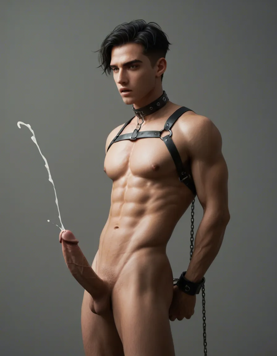 1boy, alone, slim, narrow waist, short cut black hair, black eyes, nude, yaoi, big hard cock, cumming, eye contact, parted lips, restrained, black leather collar, black leather harness, black leather strips sexy thong, chained, wrists and ankles shackles, dungeon, “x” vertical pose, hanging mid-air from wrists, light smile, backlighting, warm lighting, orange theme, dynamic angle, dramatic lighting, ((film grain, bloom, subsurface scattering)), very awa, masterpiece, best quality, detailed background, ultra-detailed, very aesthetic, score_9, score_8, cinematic film still, anamorphic, film grain, dramatic lighting, shallow depth of field, score_9, score_8, cinematic film still, shallow depth of field.
(byefrog:0.7), (artist:crazy_kinoko:0.8), (artist:domo \(domo_kizusuki\):0.6), score_9, score_8, candid photo, realistic skin texture, visible skin pores, film grain, depth of field
