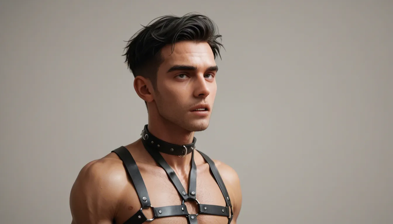 1boy, alone, slim, narrow waist, short short cut black hair, black eyes, nude, yaoi, large erection, big head cock, cumming, parted lips, slutty male whore, restrained, black leather collar, black leather harness, black leather strips thong, chained, wrists and ankles shackles, dark dungeon, “x” pose, vertical hanging suspended mid-air from wrists, painful orgasm face, open mouth, backlighting, warm lighting, orange theme, dynamic angle, dramatic lighting, ((film grain, bloom, subsurface scattering)), very awa, masterpiece, best quality, detailed background, ultra-detailed, very aesthetic, (byefrog:0.7), (artist:crazy_kinoko:0.8), (artist:domo \(domo_kizusuki\):0.6), score_9, score_8, cinematic film still, anamorphic, film grain, dramatic lighting, shallow depth of field, score_9, score_8, 3d render, octane render, subsurface scattering, ray tracing, smooth shading