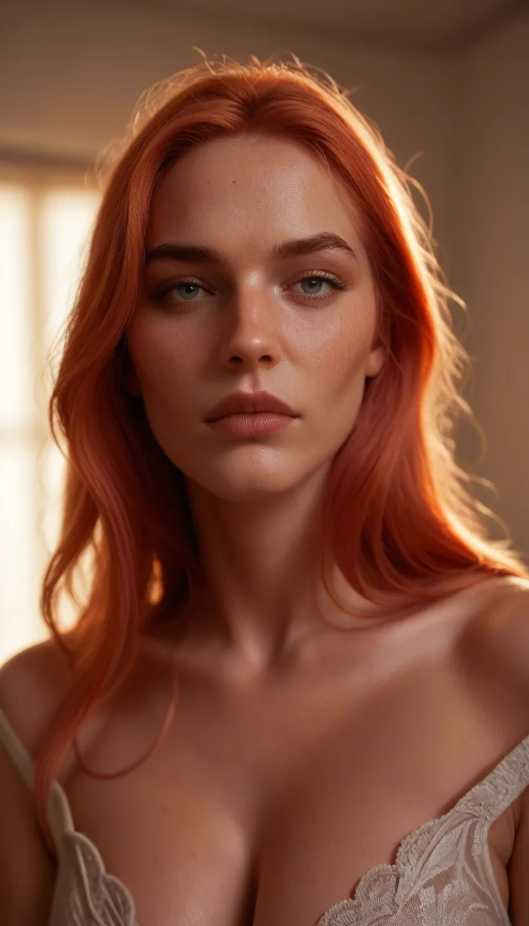 studio quality, sharp focus, redhead woman, pink hair, bow, presenting, dramatic lighting, hyperrealistic, score_9, score_8, candid photo, realistic skin texture, visible skin pores, film grain, depth of field