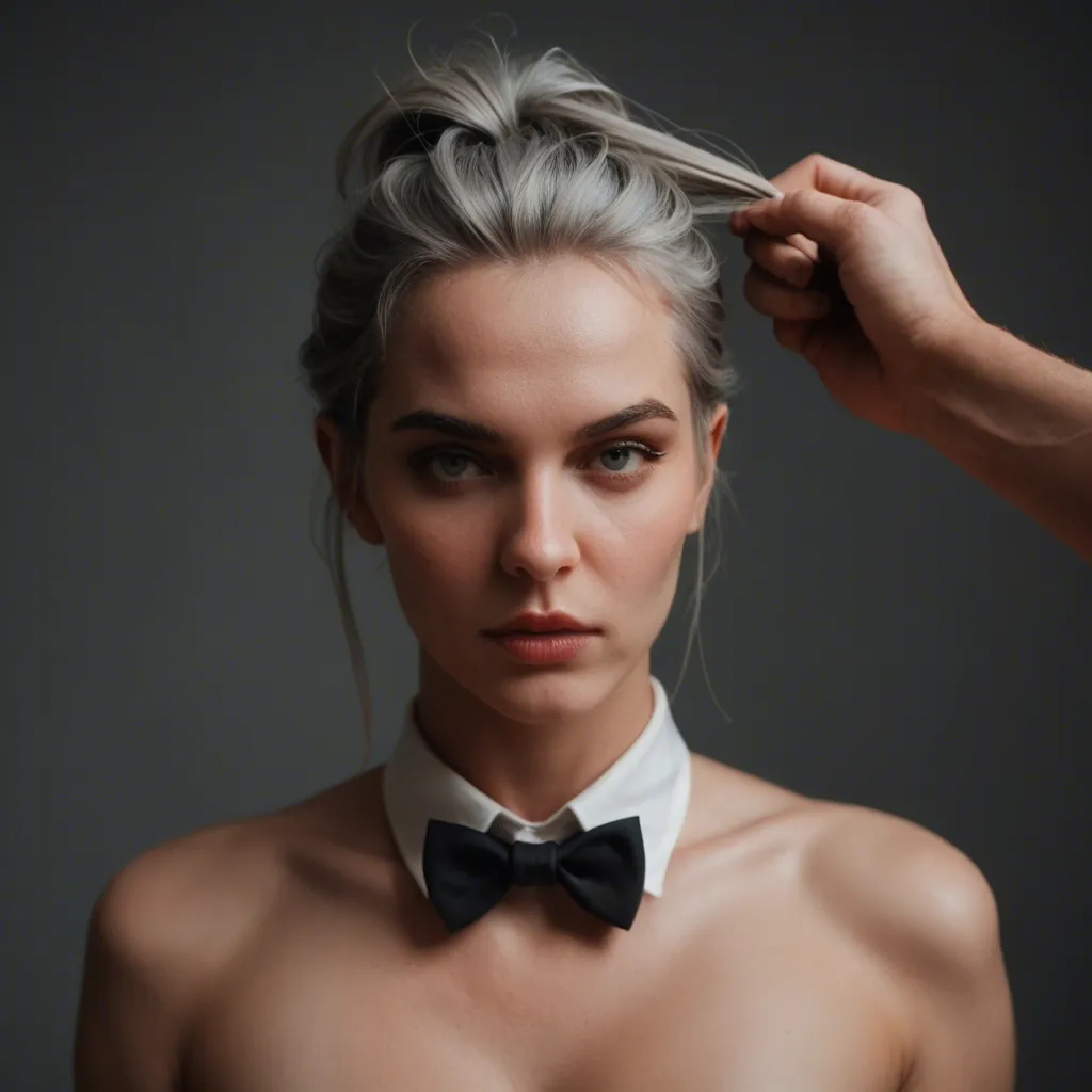 best quality, hyperrealistic, witch, grey hair, bowtie, hair pull, volumetric light, cinematic realism