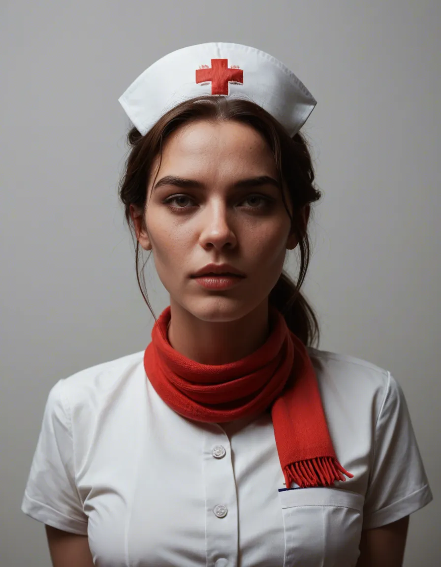studio quality, sharp focus, nurse, bondage, scarf, gradient background, dslr quality, score_9, score_8, candid photo, realistic skin texture, visible skin pores, film grain, depth of field