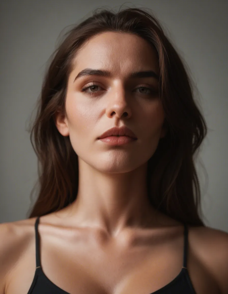 cinematic photo, 8k, brunette woman, alternate costume, bondage, hyperrealistic, score_9, score_8, candid photo, realistic skin texture, visible skin pores, film grain, depth of field