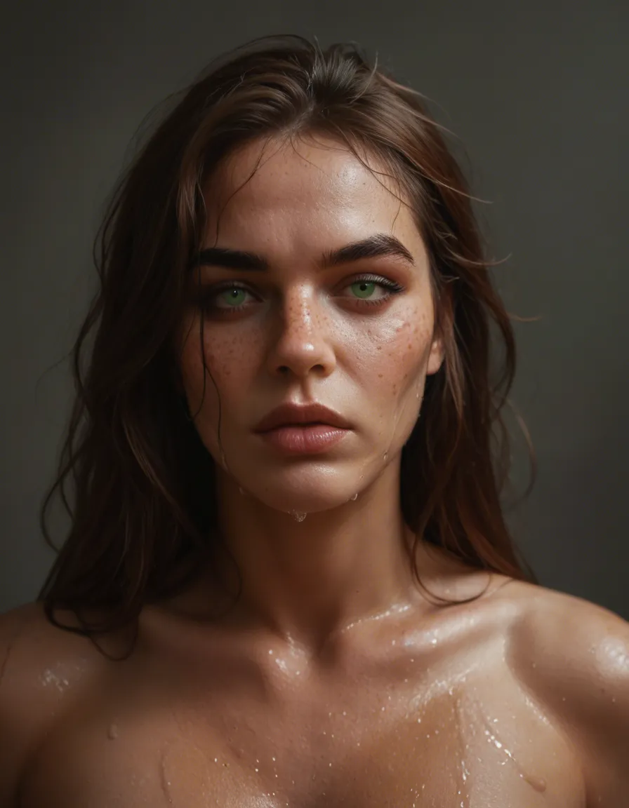Photorealistic highly detailed explicit nude of a hot 25-year-old Gen Z baddie, long messy wet dark brown hair with face-framing strands, freckles, full plump lips, sharp eyebrows, green eyes with subtle winged eyeliner. Soft, score_9, score_8, candid photo, realistic skin texture, visible skin pores, film grain, depth of field