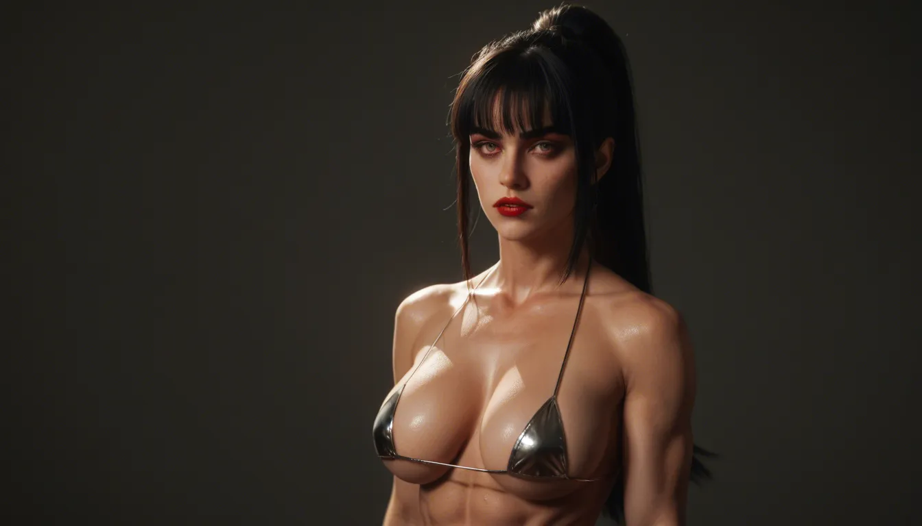 side zoom on face, busty athletic woman huge breasts riding small weak man arching back lean back, shiny black micro bikini long black hair fringe hairstyle high ponytail vampire teeth evil laugh almond red eyes, big blue shoulder tattoos blue arm tattoos, dark castle