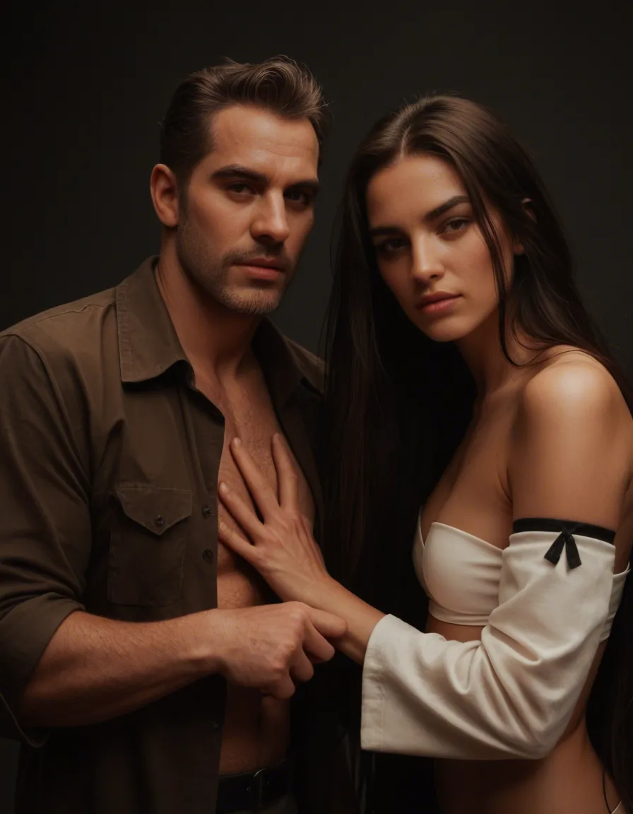 RAW photo, ultra realistic, 2boys, very long hair, detached sleeves, presenting, studio lighting, film photography, score_9, score_8, candid photo, realistic skin texture, visible skin pores, film grain, depth of field