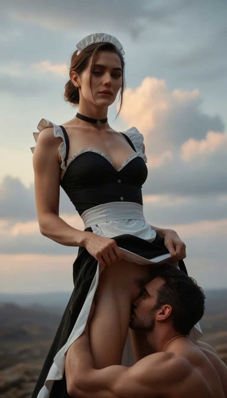 cinematic photo, 8k, maid, petite adult woman, cocktail dress, cunnilingus, cloudy sky, 8k uhd photo, first person pov, kissing, making out