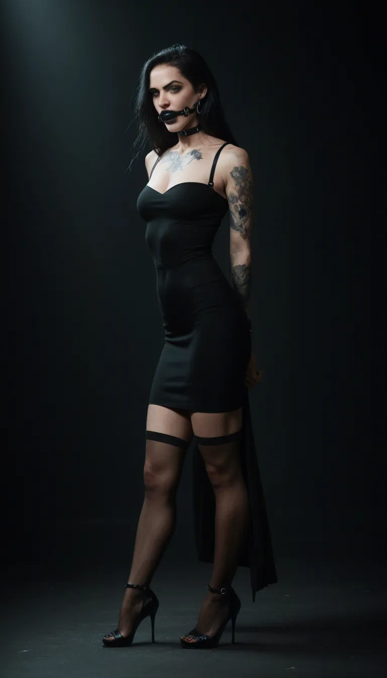 Gothic white girl pale complexion, black hair with grey streaks, many many tattoos and piercings, wearing stockings & high heels, arms bound behind back, gagged with a ball gag in mouth, nipple clamps, laying on back with legs spread, male penetrating her ass with penis and holding a vibrator to her pussy