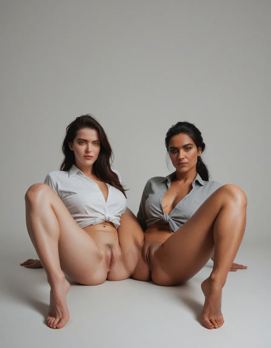 professional photo, high detail, 2girls, feet out of frame, jewelry, spread legs, grey background, dslr quality, score_9, score_8, candid photo, realistic skin texture, visible skin pores, film grain, depth of field