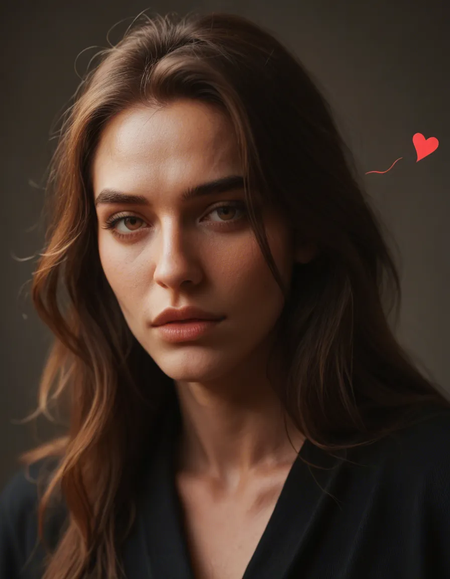 ultra HD, lifelike, witch, brown hair, heart, presenting, lifelike render, score_9, score_8, candid photo, realistic skin texture, visible skin pores, film grain, depth of field