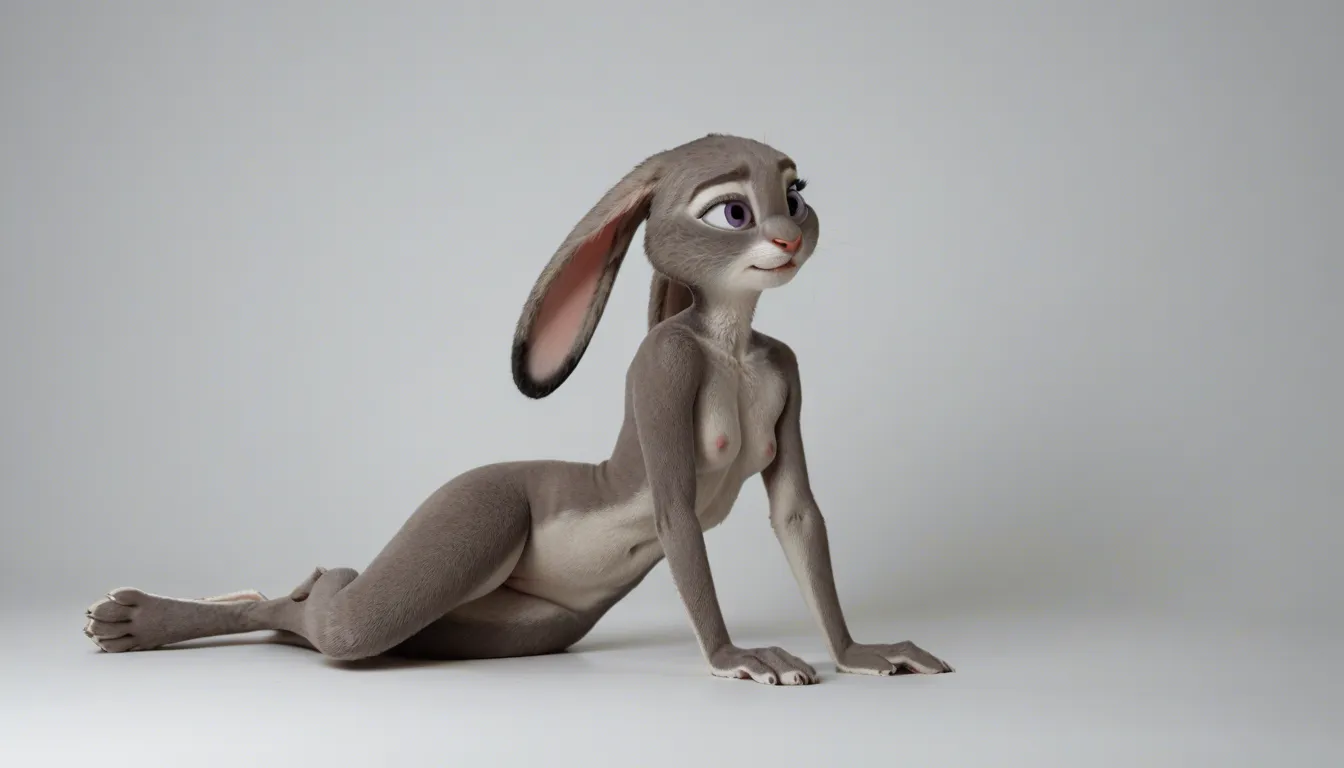 Judy Hopps from Zootopia completely nude, anthropomorphic rabbit, cute face long ears, full body covered in soft gray and white fur, tall body, massive enormous fat furry ass stuck out and spread, huge furry cheeks, tiny waist, big heavy furry breasts with pink nipples hanging, thick furry thighs, long legs, doggy pose showing detailed tight pink asshole and dripping pussy, detailed fur texture, no human skin, hyper sexualized, explicit, 8k
