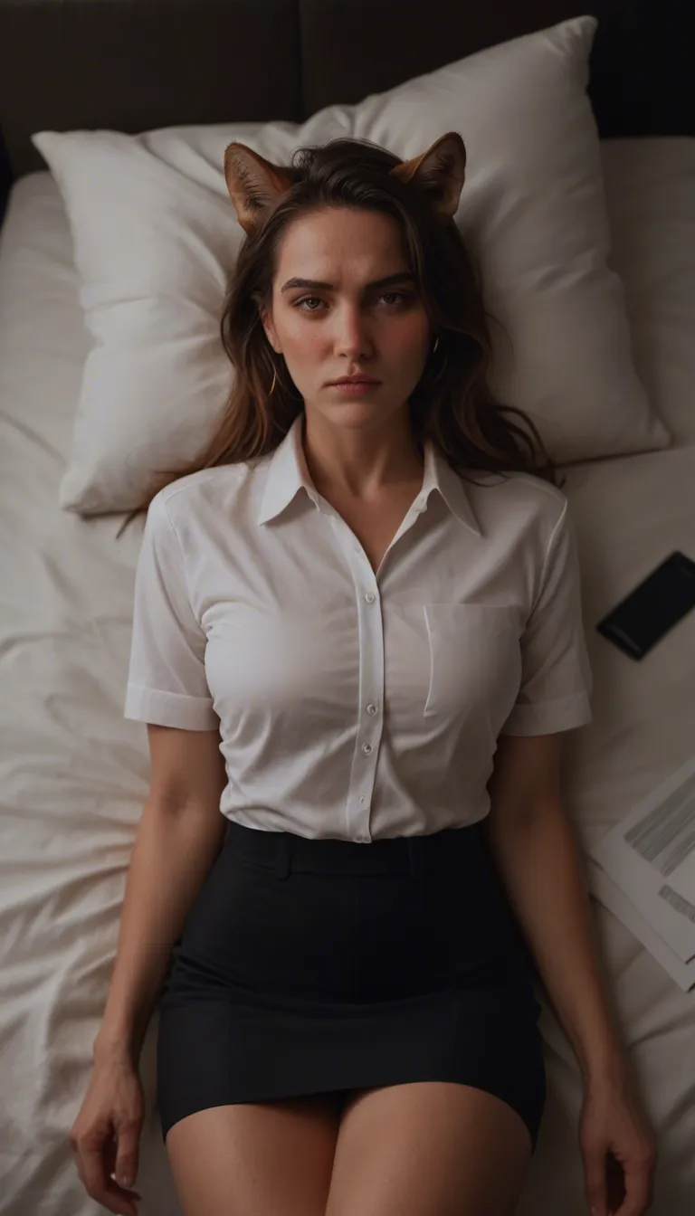 dslr, film grain, photorealistic, office lady, arching back, animal ears, pillow, submissive blush, 8k uhd photo