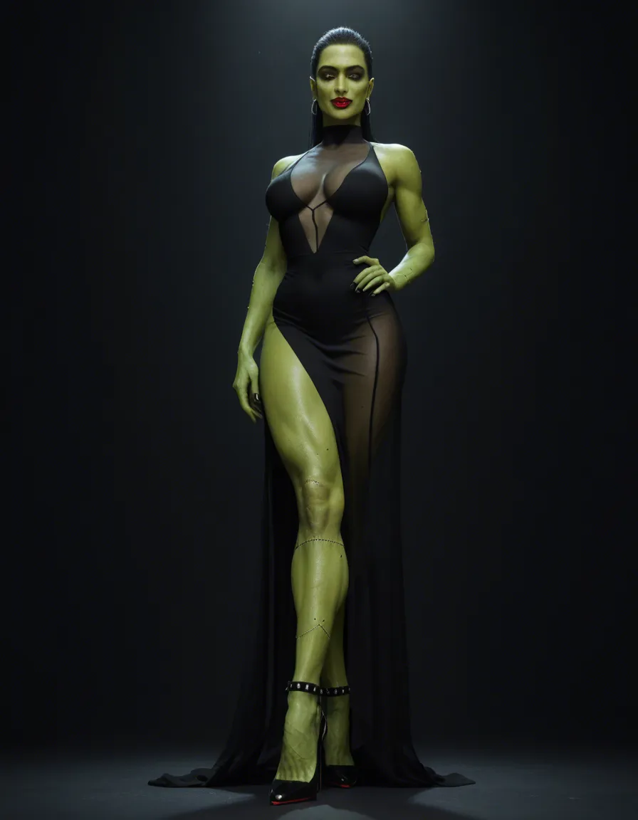 @female frankenstein; green skin ; black see-through_dress; slim athletic body, large breasts; skin_tight dress; high_heels, green skin, black hair slicked back, red lipstick, stitches at ankles, neck and waist, seductive_smile dark background, lit from below, cinematic photograph, score_9, score_8, candid photo, realistic skin texture, visible skin pores, film grain, depth of field, score_9, score_8, candid photo, realistic skin texture, visible skin pores, film grain, depth of field, score_9, score_8, candid photo, realistic skin texture, visible skin pores, film grain, depth of field