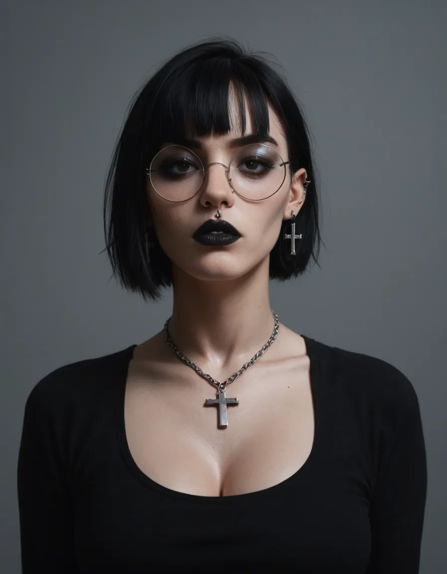 Goth woman, big boobs, black eyes, Round glasses with chains at the tips, short hair with bangs, eyelash high and thick, crucifix earrings, ear piercing, nose piercing, mouth piercing, bad humor expression, black lips, full body, black nails A highly detailed, realistic erotic scene with an athletic body, and expressive eyes, lying on her back with her legs spread wide, fingers buried deep inside her wet pussy, intensely masturbating. Her face is lost in pleasure, eyes half-closed, mouth open moaning, body arched, skin flushed and glistening with sweat, juices coating her fingers and dripping down, highly detailed wet skin and pussy texture, squirting, world-class masterpiece, 4, score_9, score_8, amateur photo, phone snapshot, realistic skin texture, skin blemishes, soft indoor lighting