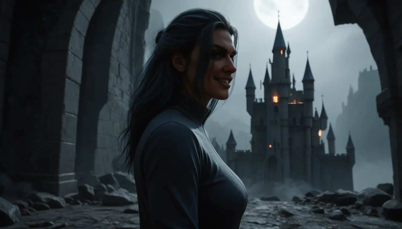 view from side extreme close-up boobs busty athletic medusa walking through foggy castle, nakes male statues with fearful faces in hall, evil smile big blue shoulder tattoos blue arm and forearm tattoos